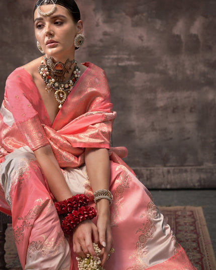 Off White and Pink Silk Handloom Weaving Saree