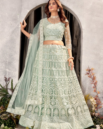 Pista Green Net Embroidered Lehenga Choli Set