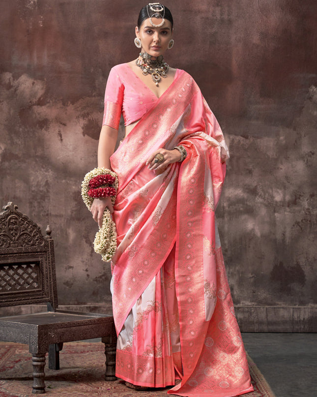 Off White and Pink Silk Handloom Weaving Saree