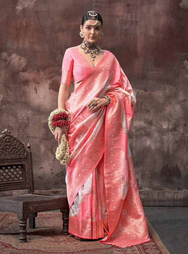 Off White and Pink Silk Handloom Weaving Saree