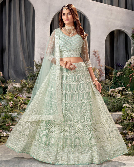 Pista Green Net Embroidered Lehenga Choli Set