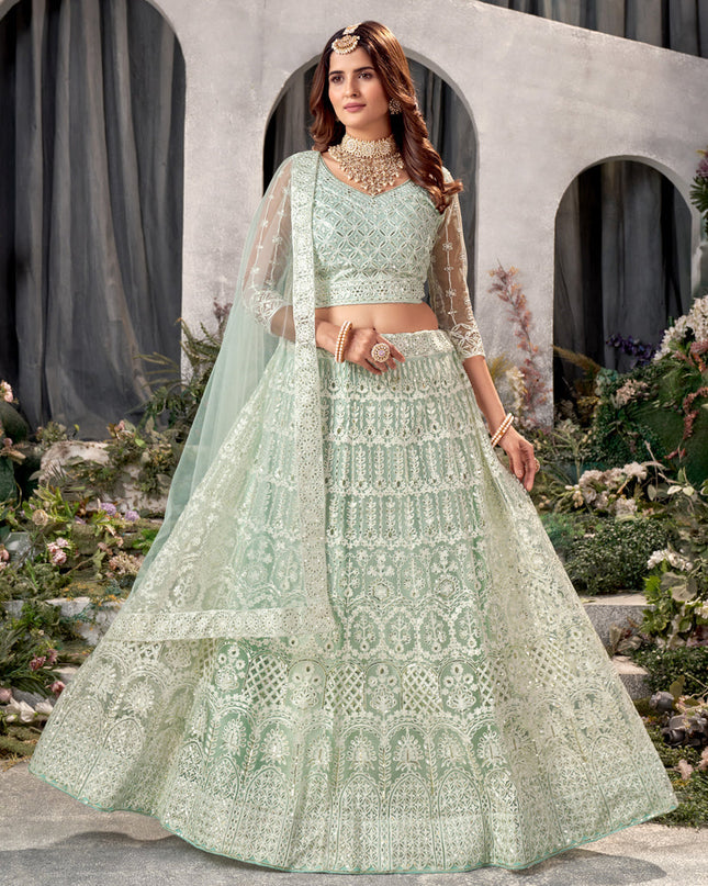 Pista Green Net Embroidered Lehenga Choli Set