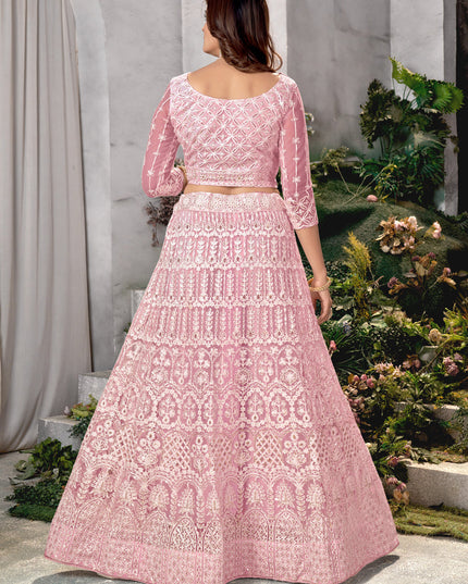 Rose Pink Net Embroidered Lehenga Choli Set
