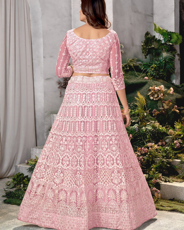 Rose Pink Net Embroidered Lehenga Choli Set