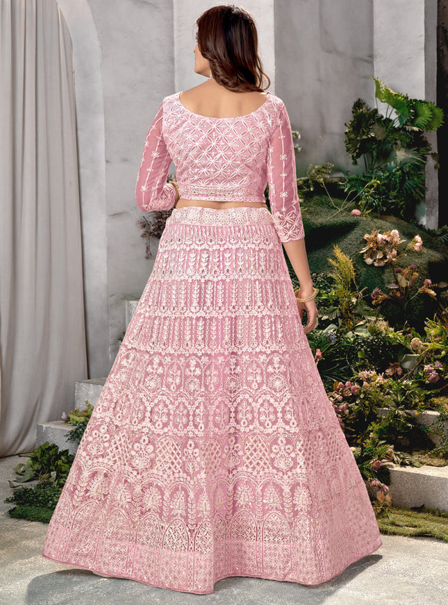 Rose Pink Net Embroidered Lehenga Choli Set