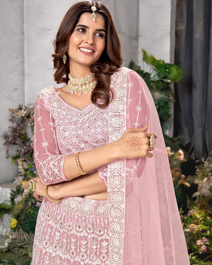 Rose Pink Net Embroidered Lehenga Choli Set