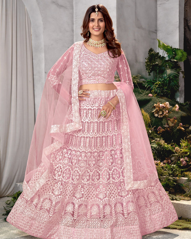 Rose Pink Net Embroidered Lehenga Choli Set