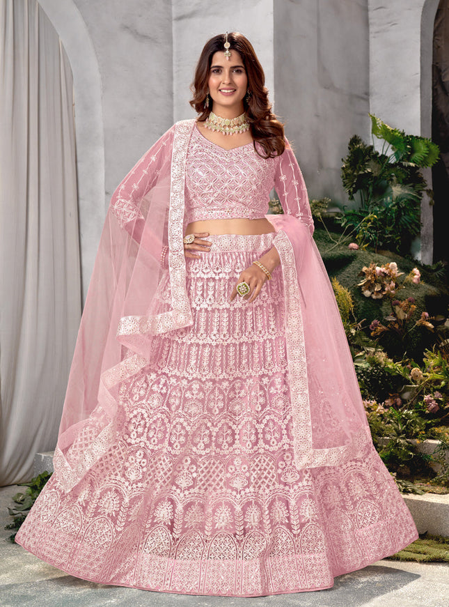 Rose Pink Net Embroidered Lehenga Choli Set