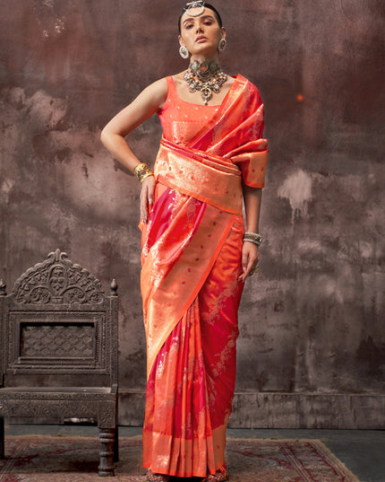 Hot Pink and Orange Silk Handloom Weaving Saree