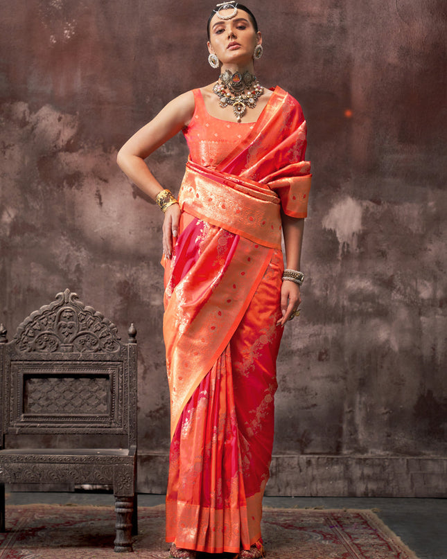 Hot Pink and Orange Silk Handloom Weaving Saree