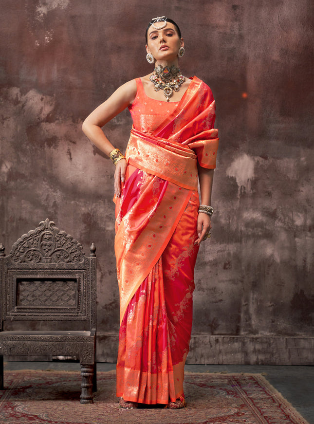 Hot Pink and Orange Silk Handloom Weaving Saree
