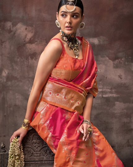 Hot Pink and Orange Silk Handloom Weaving Saree