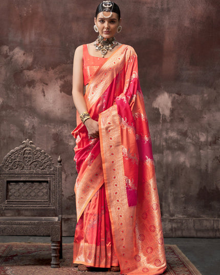 Hot Pink and Orange Silk Handloom Weaving Saree
