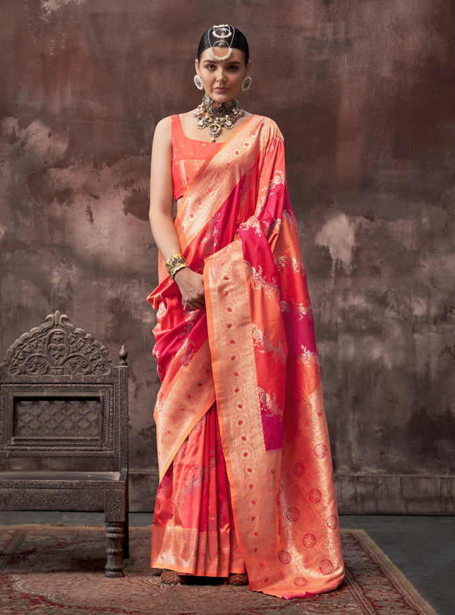Hot Pink and Orange Silk Handloom Weaving Saree