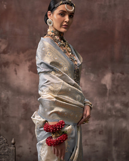 Grey and Off White Silk Handloom Weaving Saree