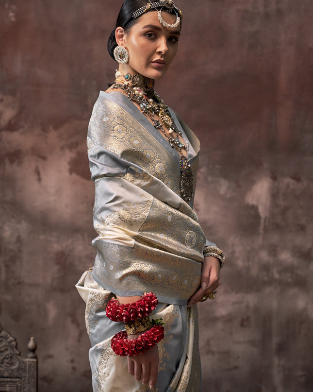 Grey and Off White Silk Handloom Weaving Saree