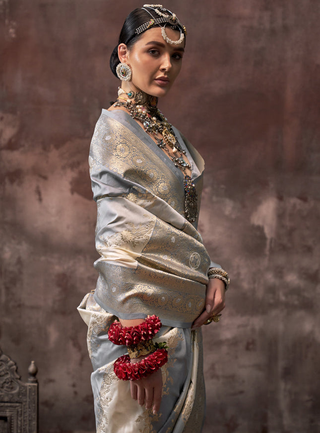 Grey and Off White Silk Handloom Weaving Saree