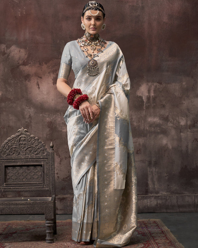 Grey and Off White Silk Handloom Weaving Saree