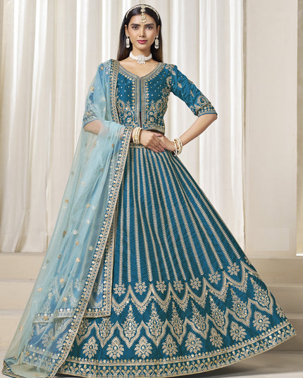 Marvelous Peacock Blue Art Silk Embroidered Wedding Lehenga Choli Set