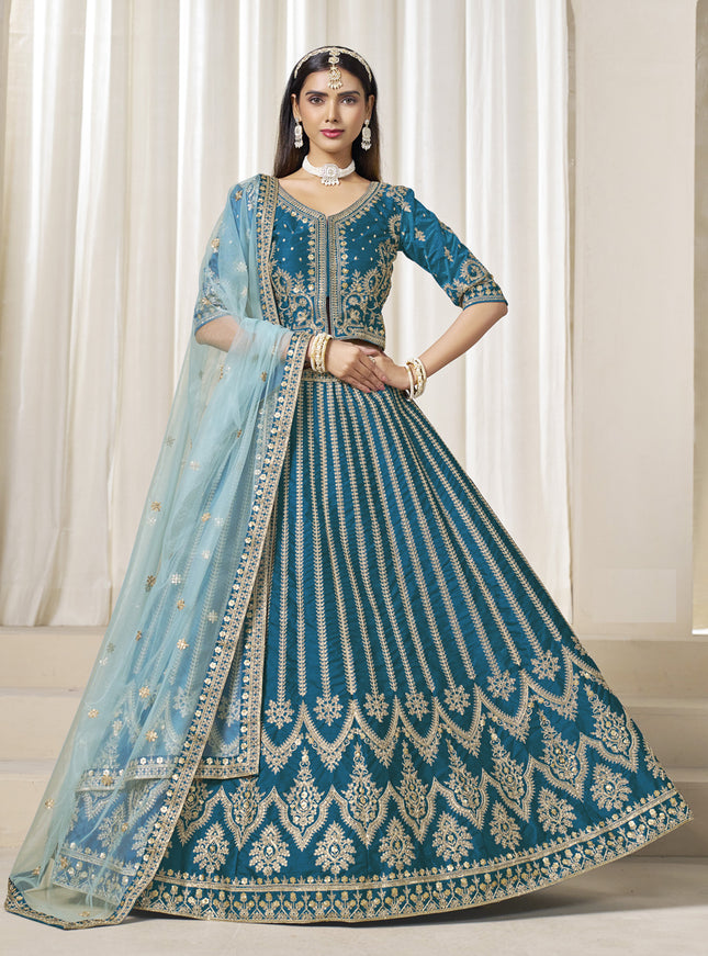 Marvelous Peacock Blue Art Silk Embroidered Wedding Lehenga Choli Set