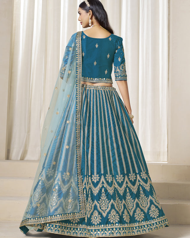 Marvelous Peacock Blue Art Silk Embroidered Wedding Lehenga Choli Set
