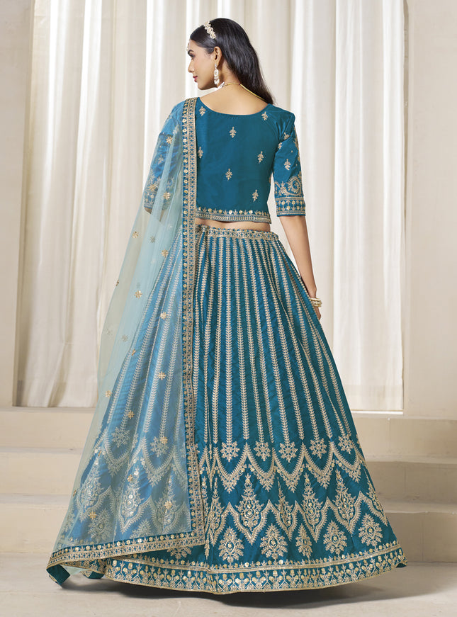 Marvelous Peacock Blue Art Silk Embroidered Wedding Lehenga Choli Set