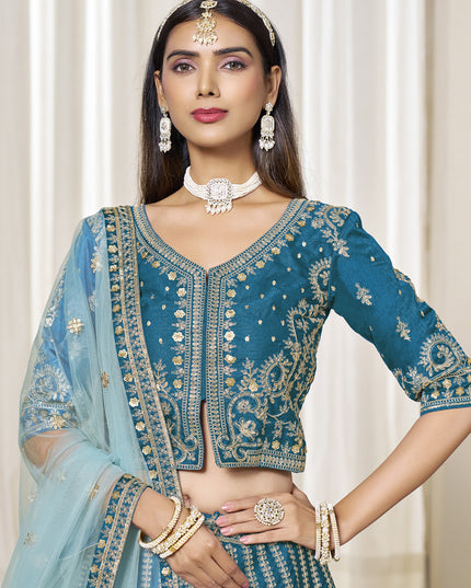 Marvelous Peacock Blue Art Silk Embroidered Wedding Lehenga Choli Set