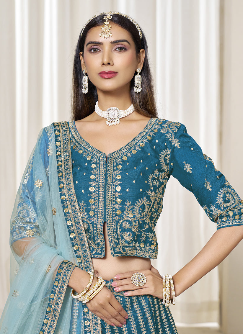 Marvelous Peacock Blue Art Silk Embroidered Wedding Lehenga Choli Set