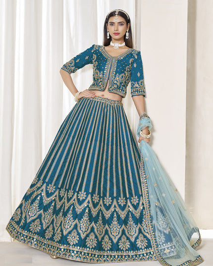 Marvelous Peacock Blue Art Silk Embroidered Wedding Lehenga Choli Set
