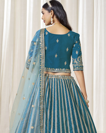 Marvelous Peacock Blue Art Silk Embroidered Wedding Lehenga Choli Set