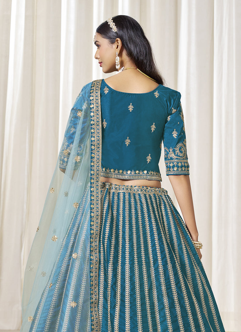 Marvelous Peacock Blue Art Silk Embroidered Wedding Lehenga Choli Set