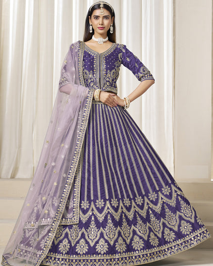 Stunning Violet Art Silk Embroidered Wedding Lehenga Choli Set