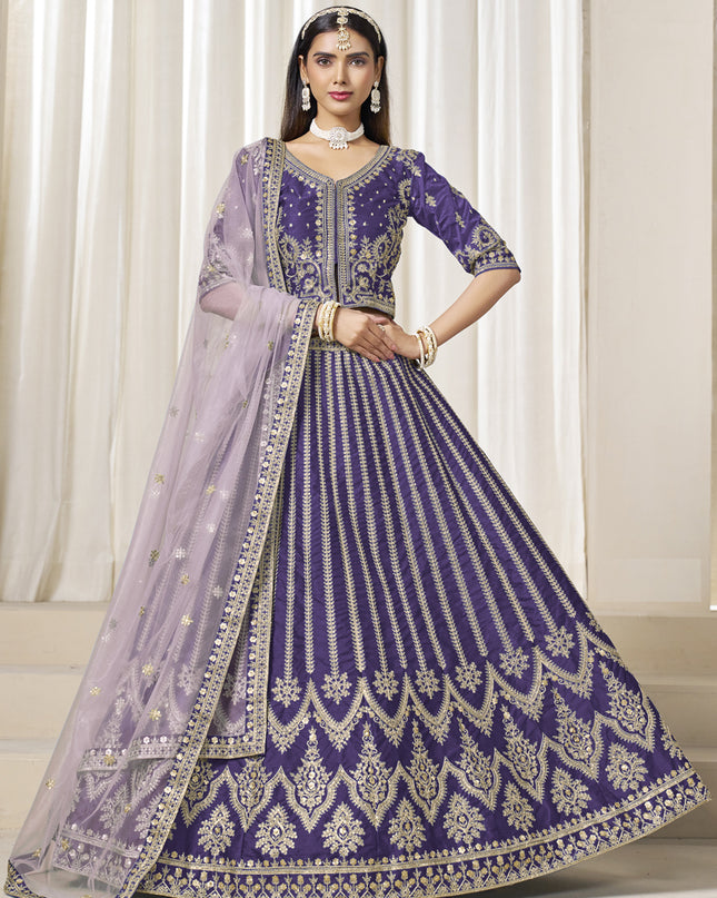 Stunning Violet Art Silk Embroidered Wedding Lehenga Choli Set
