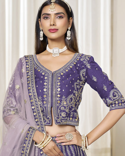 Stunning Violet Art Silk Embroidered Wedding Lehenga Choli Set