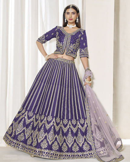 Stunning Violet Art Silk Embroidered Wedding Lehenga Choli Set