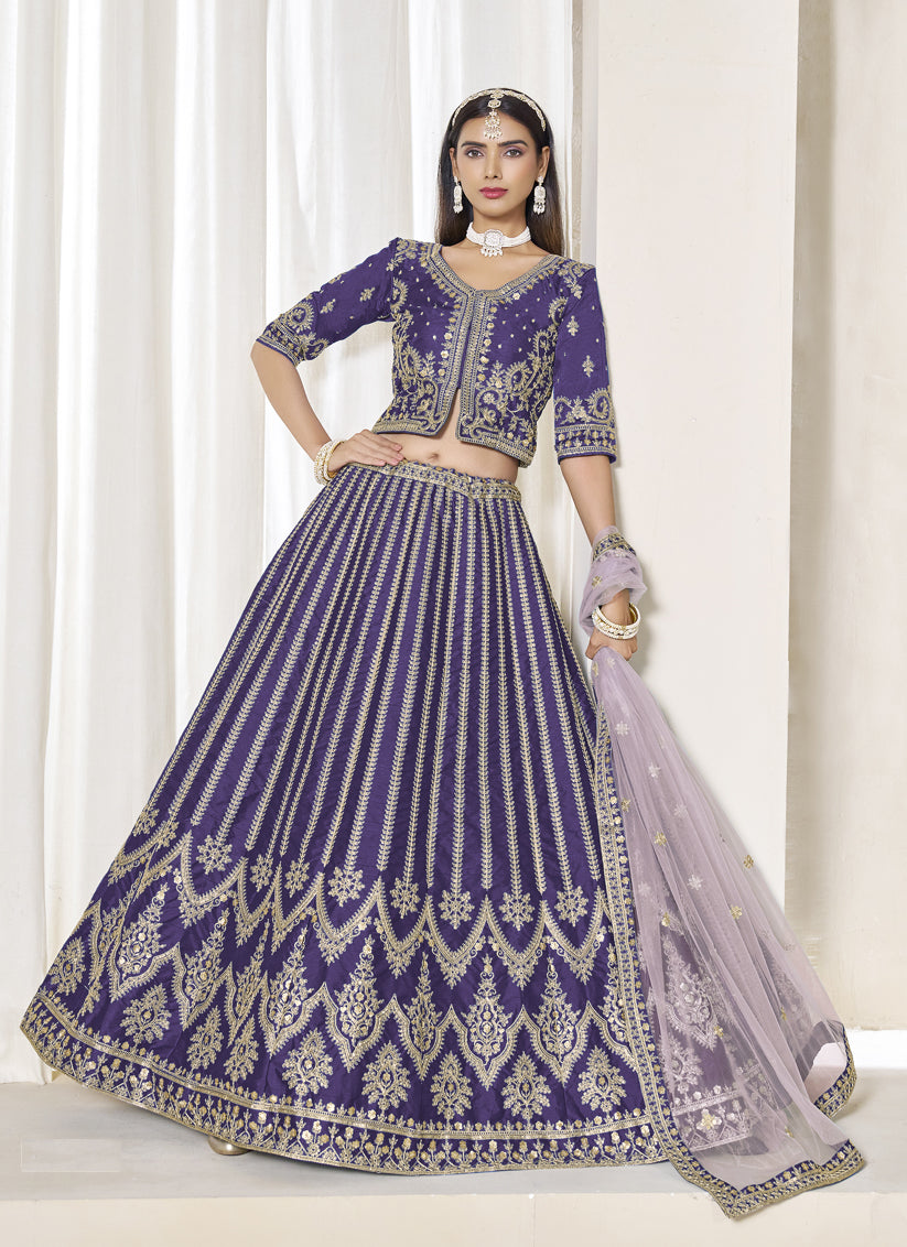 Stunning Violet Art Silk Embroidered Wedding Lehenga Choli Set