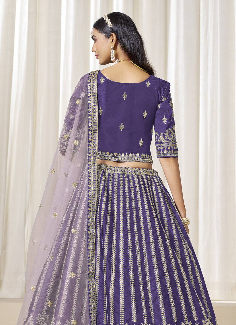 Stunning Violet Art Silk Embroidered Wedding Lehenga Choli Set