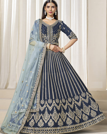 Wonderful Prussian Blue Art Silk Embroidered Wedding Lehenga Choli Set