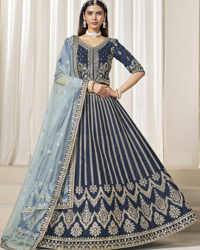 Wonderful Prussian Blue Art Silk Embroidered Wedding Lehenga Choli Set
