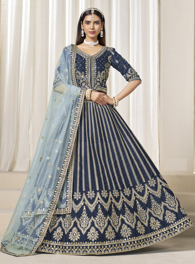 Wonderful Prussian Blue Art Silk Embroidered Wedding Lehenga Choli Set