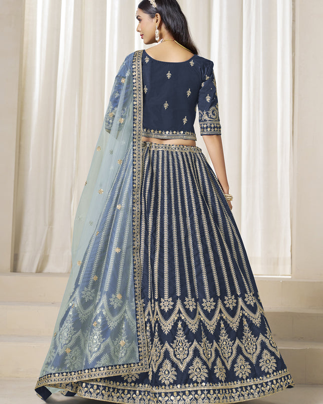 Wonderful Prussian Blue Art Silk Embroidered Wedding Lehenga Choli Set