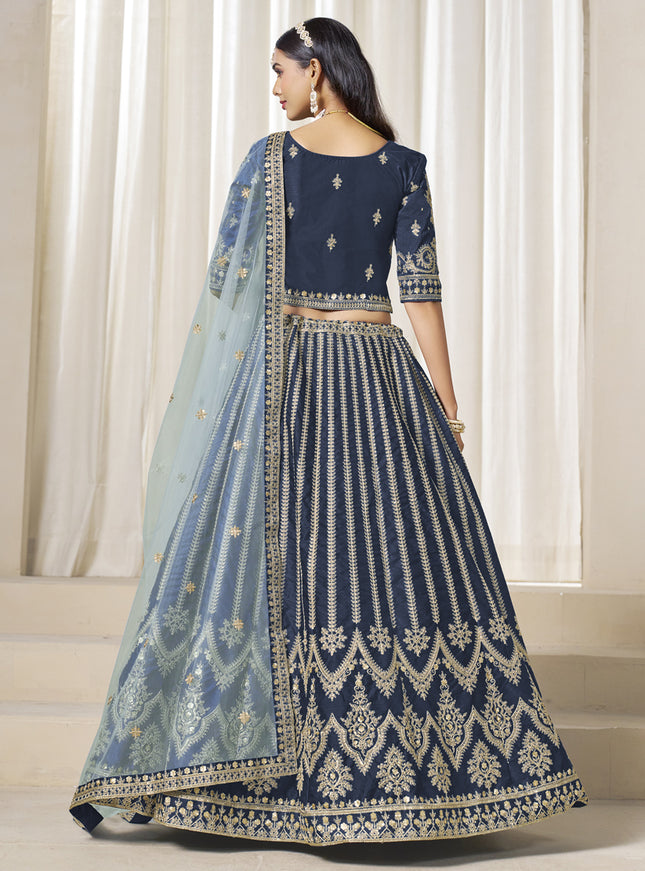 Wonderful Prussian Blue Art Silk Embroidered Wedding Lehenga Choli Set