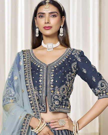 Wonderful Prussian Blue Art Silk Embroidered Wedding Lehenga Choli Set
