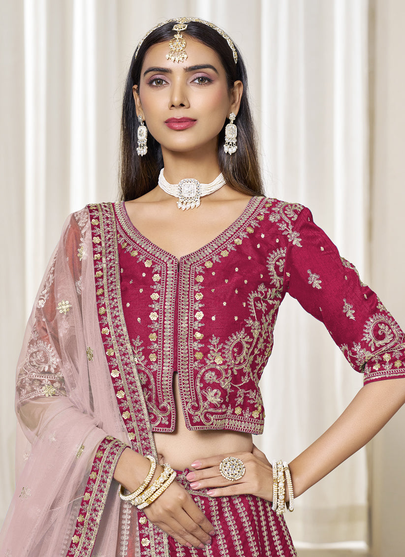 Gorgeous Raspberry Pink Art Silk Embroidered Wedding Lehenga Choli Set