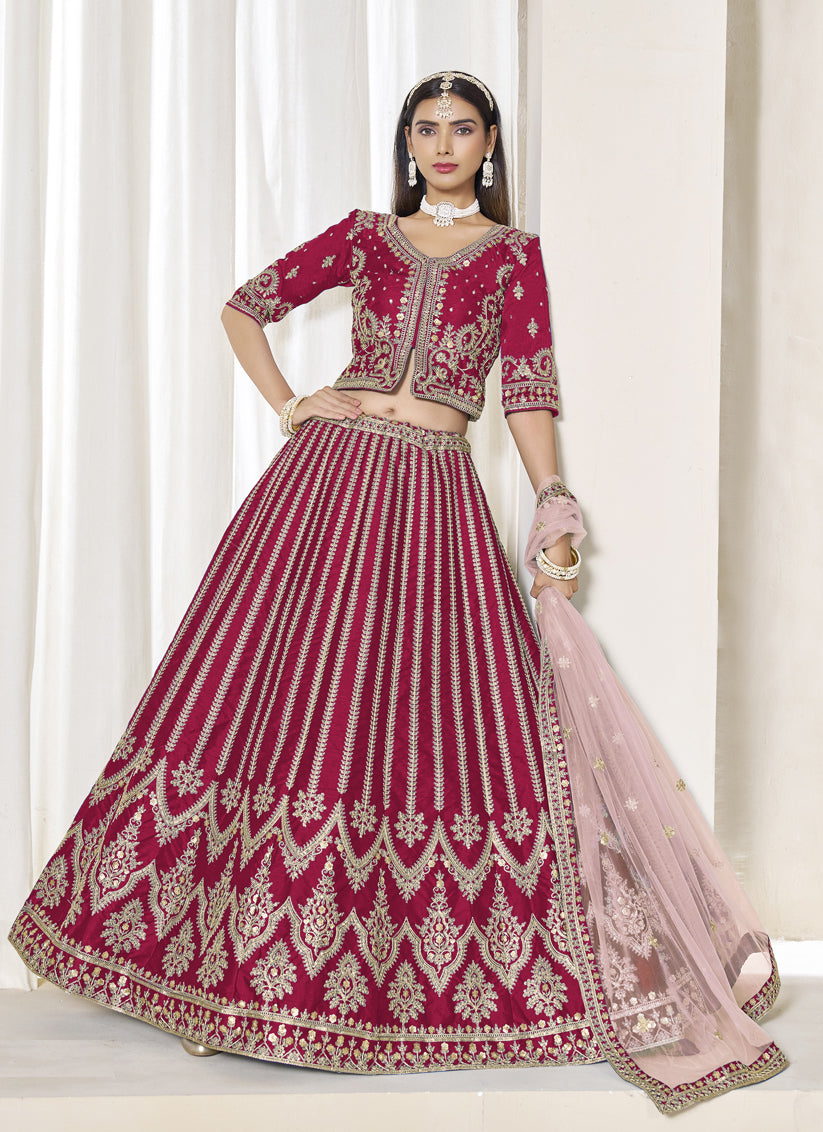 Gorgeous Raspberry Pink Art Silk Embroidered Wedding Lehenga Choli Set