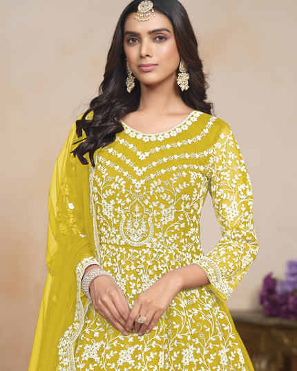 Maize Yellow Net Embroidered Anarkali Festival Dress