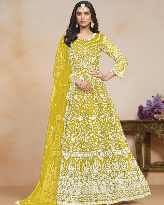 Maize Yellow Net Embroidered Anarkali Festival Dress