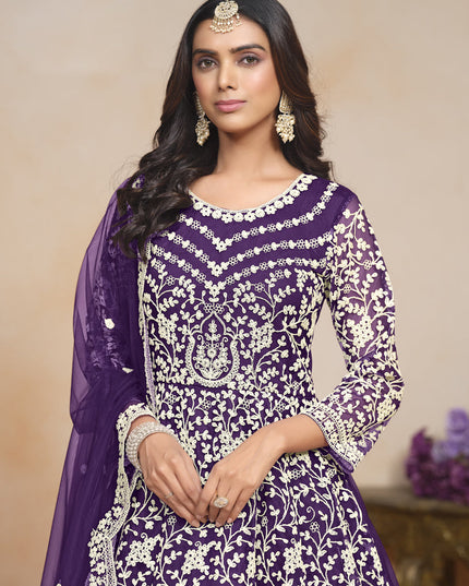 Eggplant Net Embroidered Anarkali Festival Dress