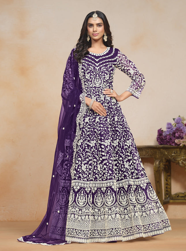 Eggplant Net Embroidered Anarkali Festival Dress