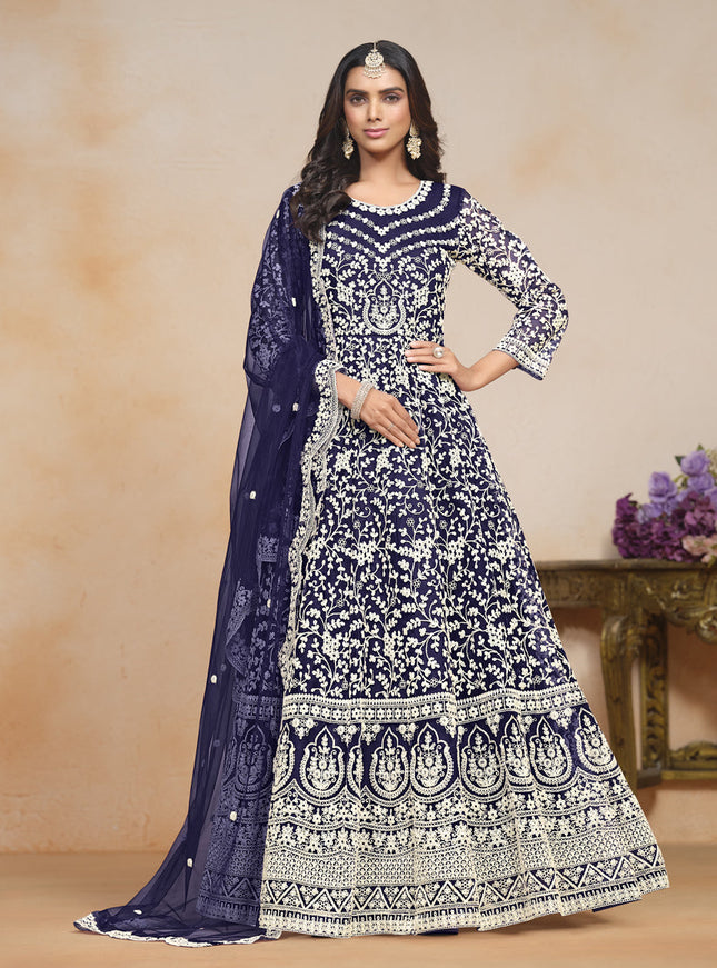 Navy Blue Net Embroidered Anarkali Festival Dress